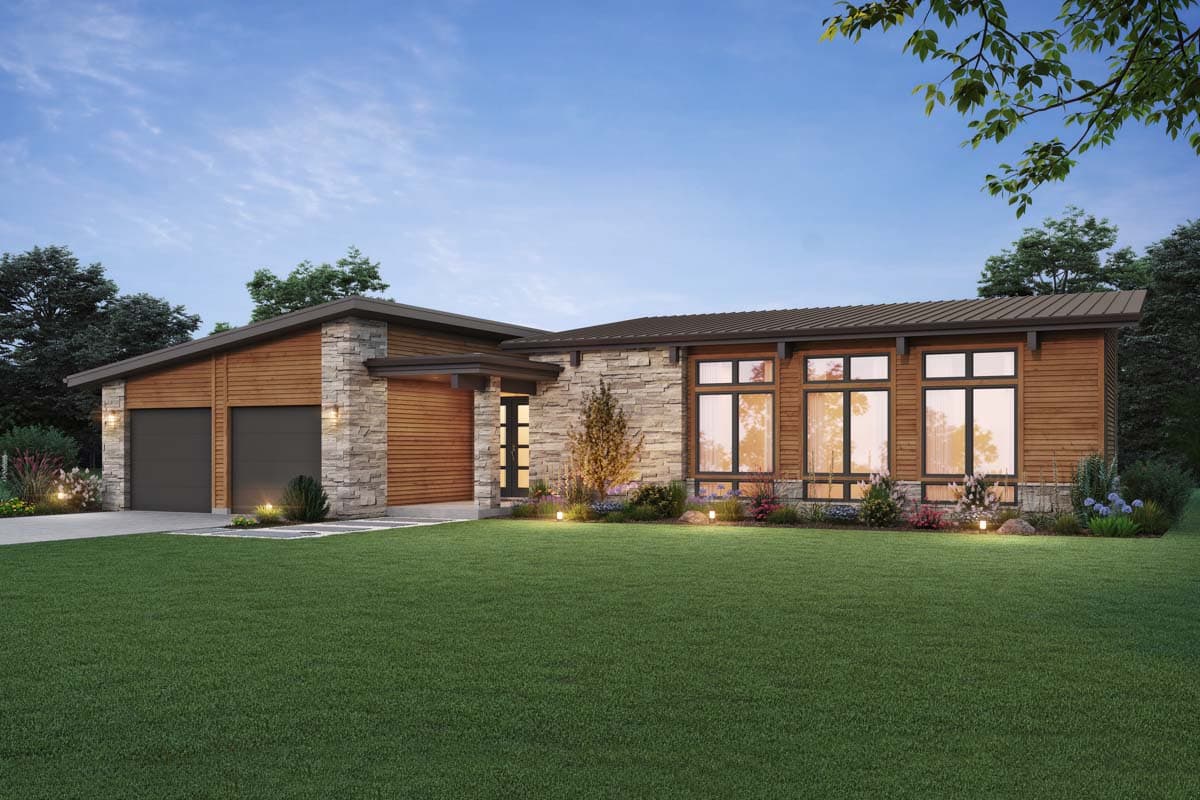 House plan exterior. Modern style, one-story home with stone and wood siding, a flat roof, and a two-car garage.