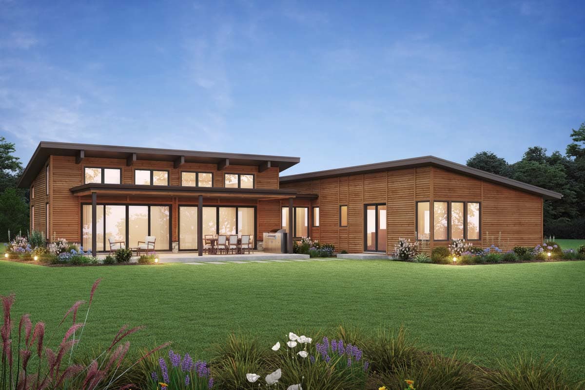 Modern house plan exterior with horizontal wood siding, large windows, and a low-pitched roof.