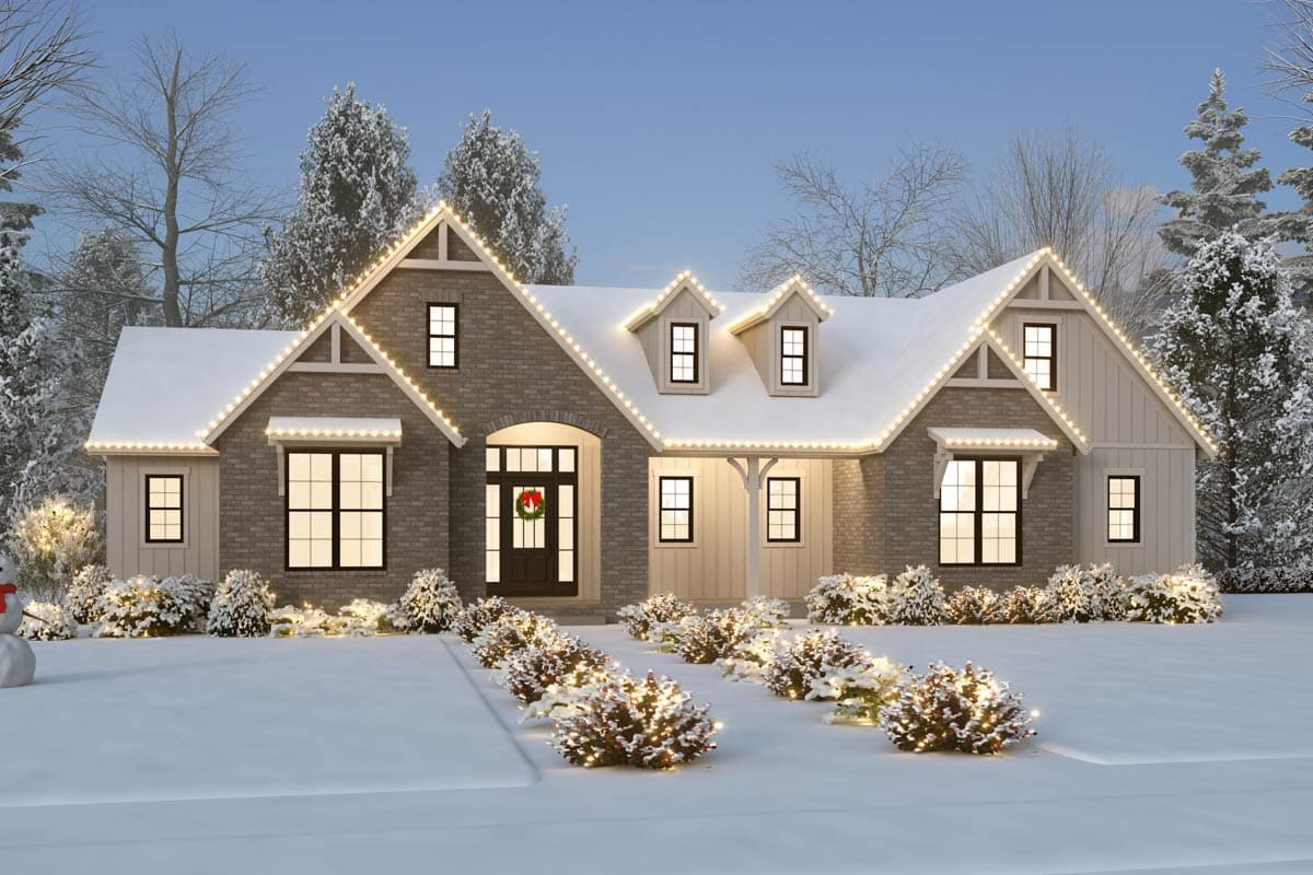 House plan exterior: Modern Farmhouse style, one story, brick and siding, gabled dormers and rooflines, covered porch.