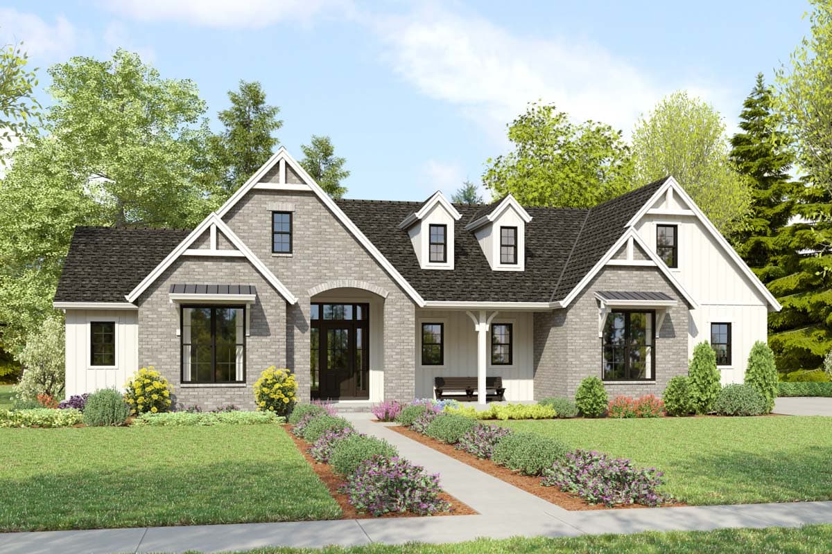 Modern Farmhouse house plan exterior with brick and siding, gable roofs, dormers, and covered porch.