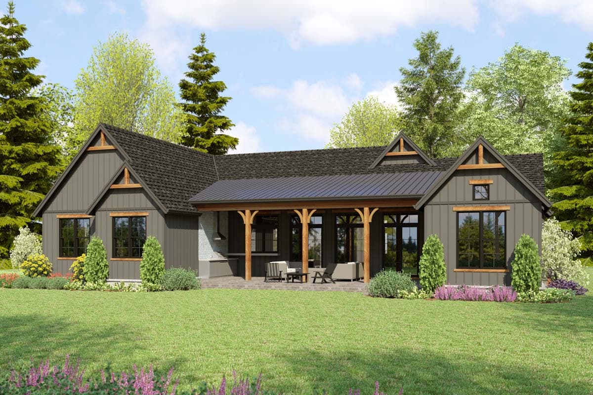 House plan exterior: Modern Farmhouse style, one-story, with a covered porch, gables, and timber accents.