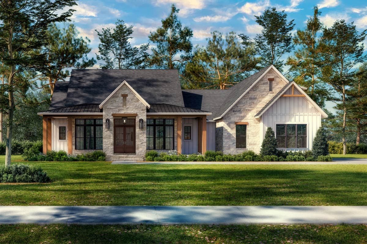 House plan exterior featuring a Modern Farmhouse style with stone and board-and-batten siding, prominent gables, and wood-accented porch.