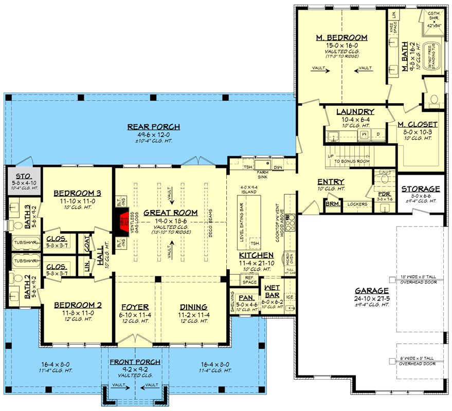 Plan 51955HZ: 3-Bed Hill Country Modern Farmhouse Plan with Bonus Room - 2278 Sq Ft - Floor Plan - Main Level - Country, Hill Country, Modern Farmhouse, New American, Traditional