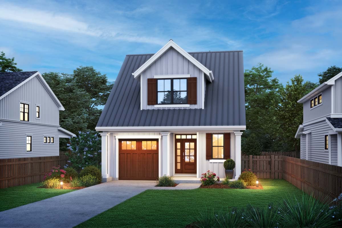 House plan exterior. Two-story cottage with metal roof, dormer, and attached garage. Includes shutters and wood-paneled garage door.