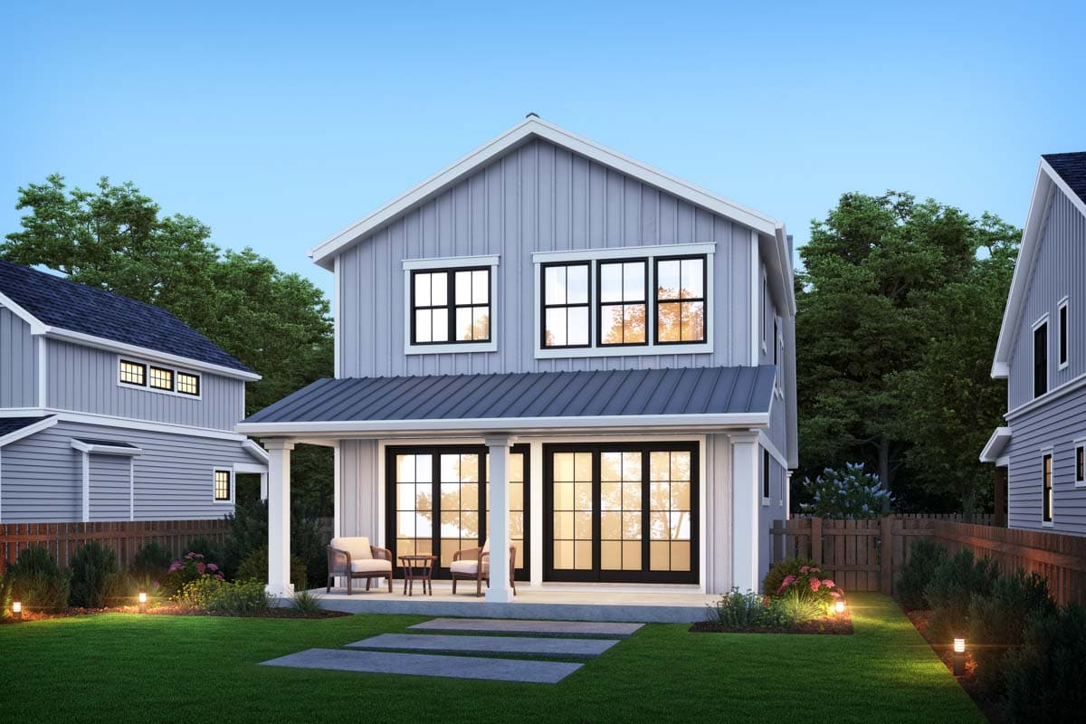 Modern Farmhouse style house plan exterior, two stories, with a covered porch, gabled roof, and multiple large windows.