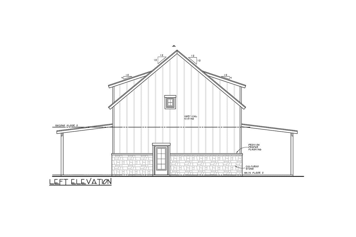 Left elevation drawing of house plan with vertical siding, cultured stone base, and sheds on both sides.