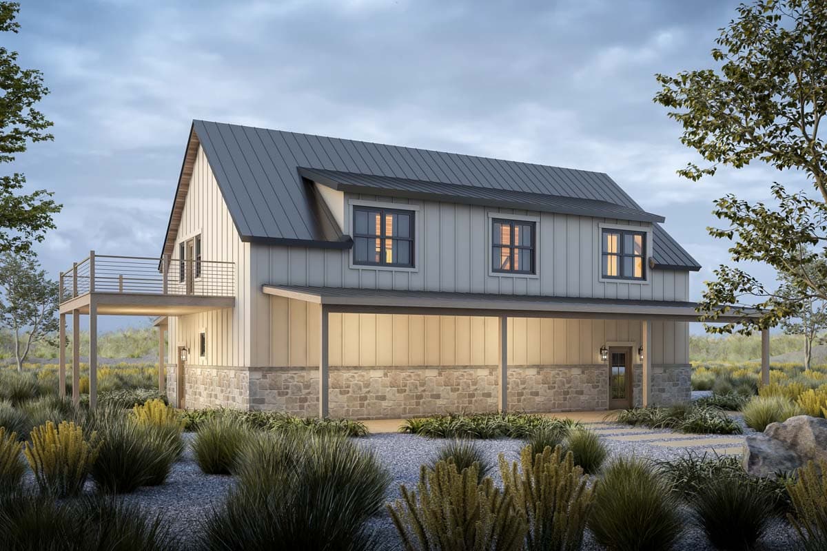 Modern Farmhouse house plan exterior with stone base, board and batten siding, metal roof, and second-story balcony.