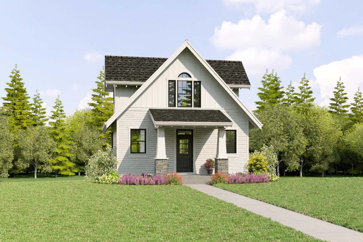 House plan exterior: Two-story Modern Farmhouse with gabled roof, arched dormer window, and covered front porch with stone accents.