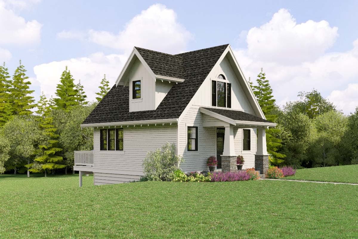 House plan exterior: Two-story home with gables, dormer, covered porch, and deck. White siding and dark roof.