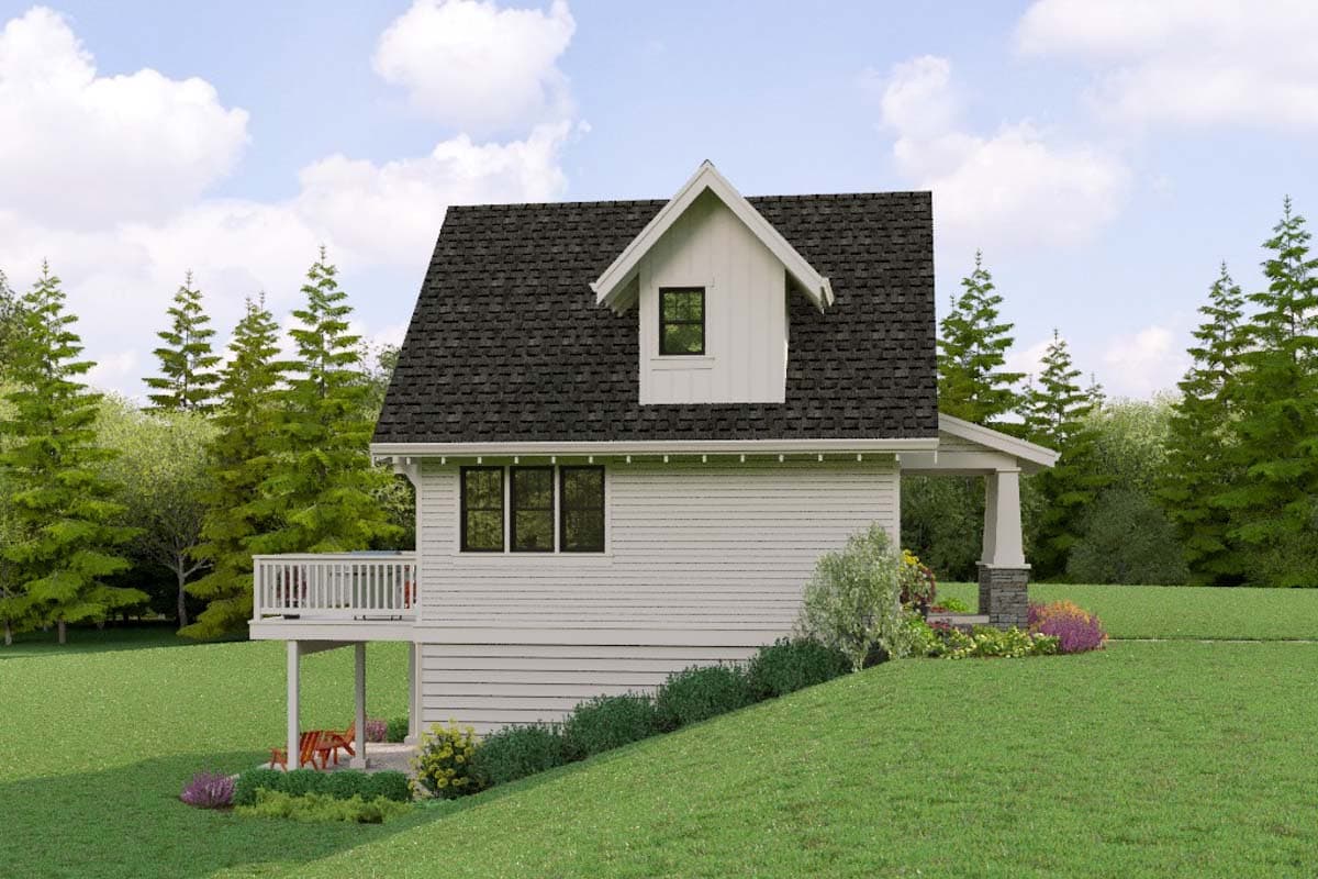 House plan exterior with a dormer, porch with stone column, and a deck. Modern style.