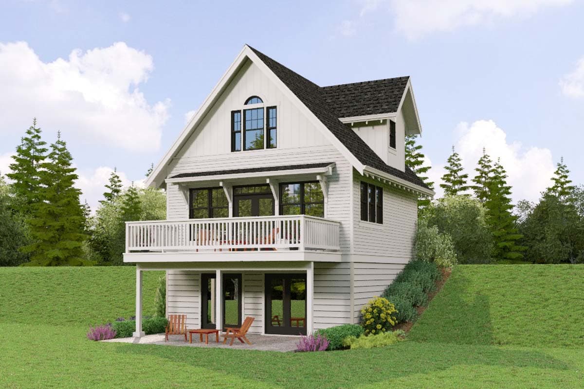 House plan exterior: Two-story Modern Farmhouse with gabled dormer, covered porch, wraparound deck, and walk-out lower level.
