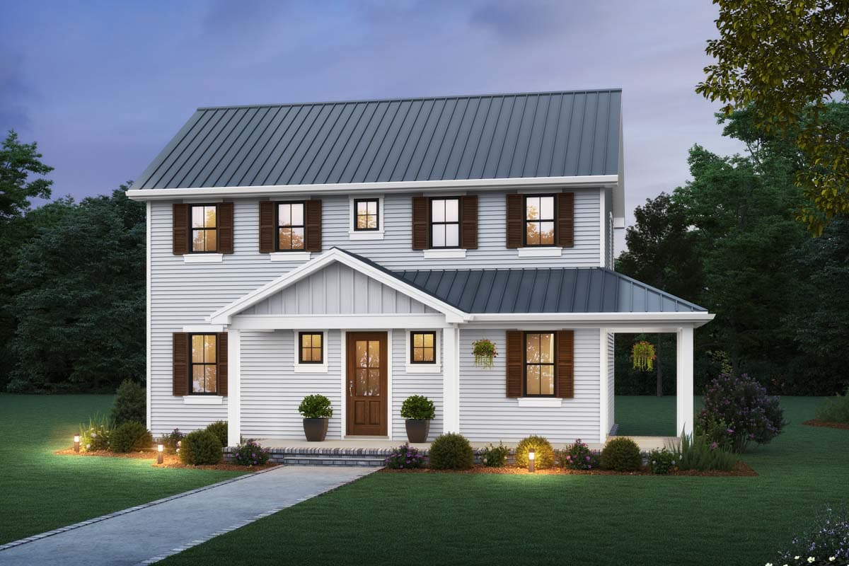 House plan exterior: Two-story house with a gabled roof, a porch, and dark shutters. Featuring a metal roof.