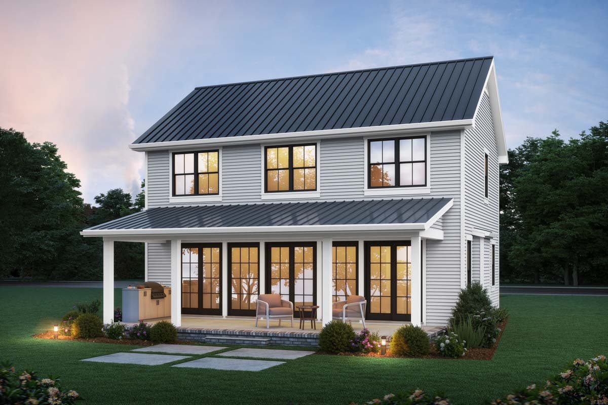 Modern Farmhouse house plan exterior: two stories, standing seam metal roof, covered porch with multiple glass doors, and exterior grill.