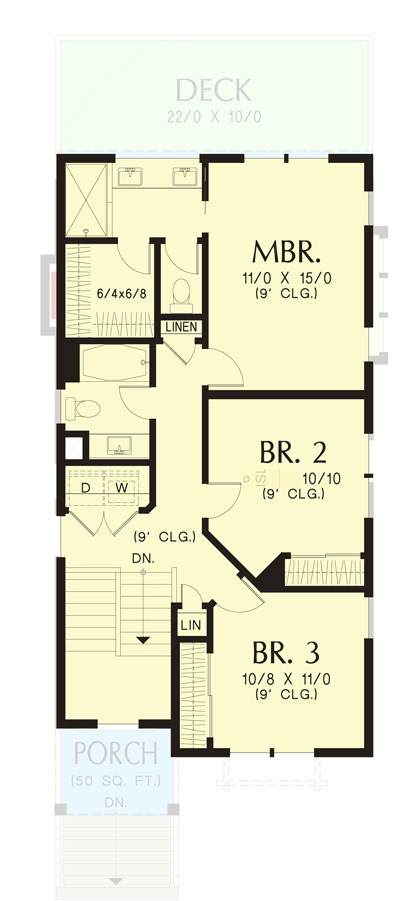 Plan 69839AM: Narrow Lot House Plan with Ground Level Apartment - 2197 Sq Ft - Floor Plan - 2nd Floor - New American, Traditional