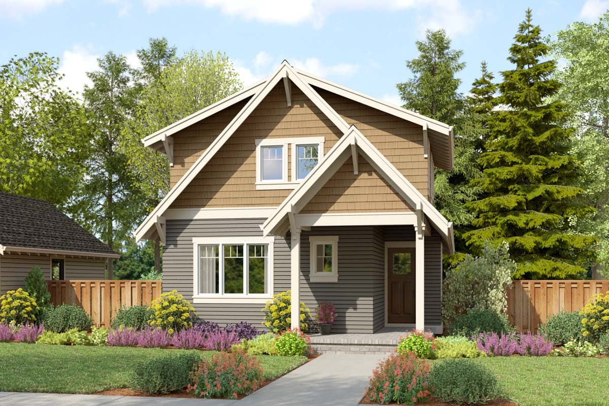 House plan exterior. Two-story Craftsman style home with gabled roof, front porch, and dormer window. Siding is gray with brown accents.