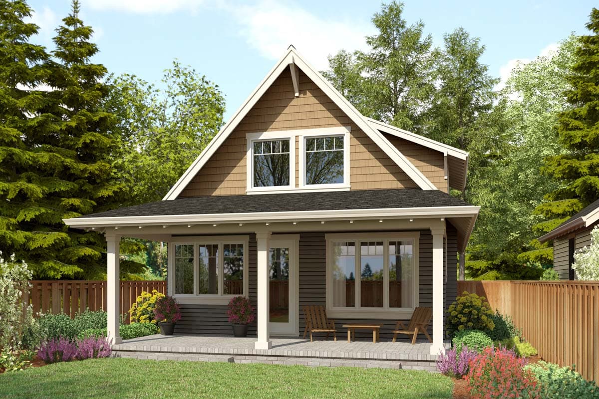 Craftsman style house plan exterior with full-width porch, prominent gable, dormer windows, and cedar shingle siding.