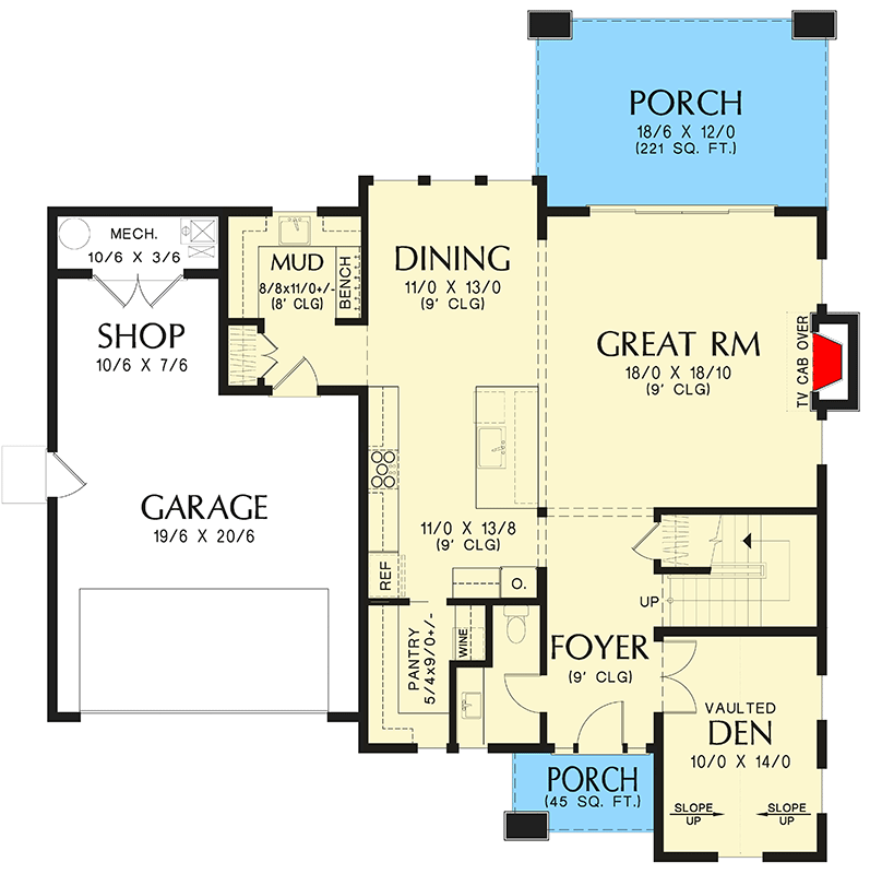 Plan 69841AM: 4 Bed New American House Plan with Upstairs Laundry - 2721 Sq Ft - Floor Plan - Main Level - Craftsman, Modern Farmhouse, New American, Scandinavian