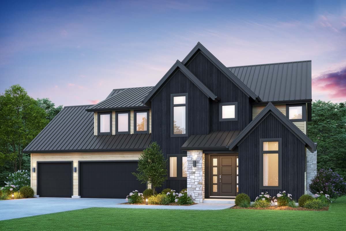 House plan exterior. Modern Farmhouse style, two-story home with gables, metal roof, and attached garage. Stone accent on entry.