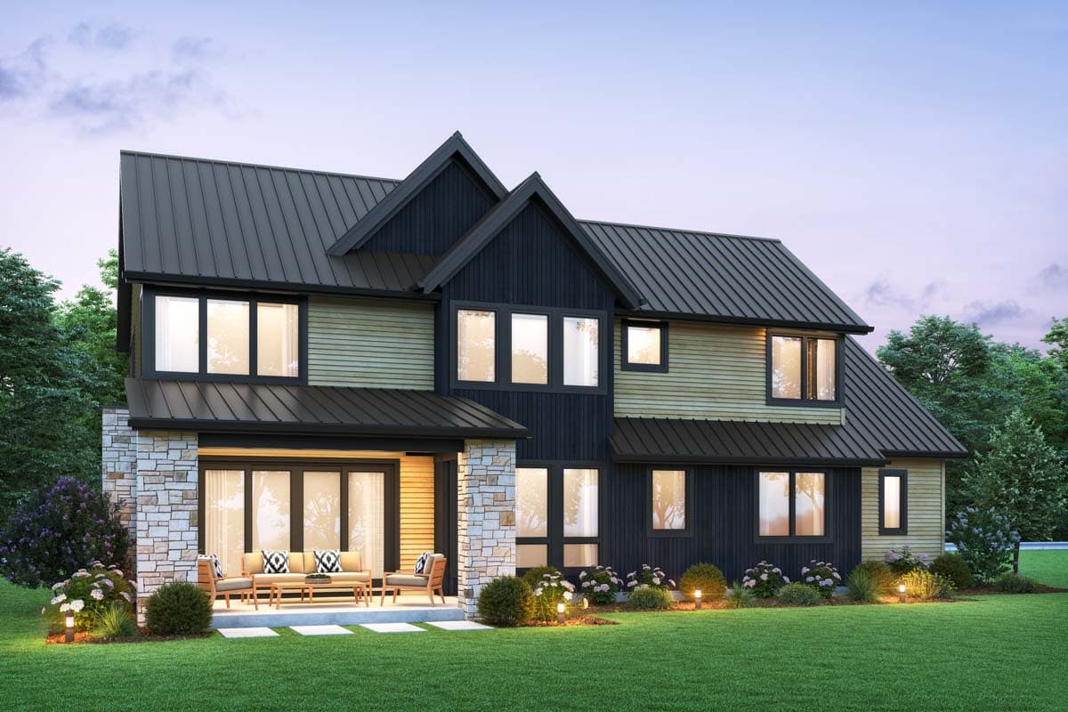Two-story modern house plan exterior with stone accents, dark gables, horizontal siding, and metal roof.