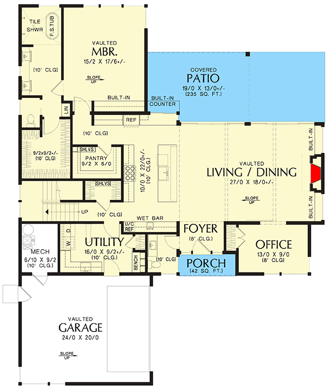 Plan 69843AM: 4-Bed Modern House Plan with Pass-Through Kitchen - 2925 Sq Ft - Floor Plan - Main Level - Contemporary, Mid Century Modern, Modern, Northwest