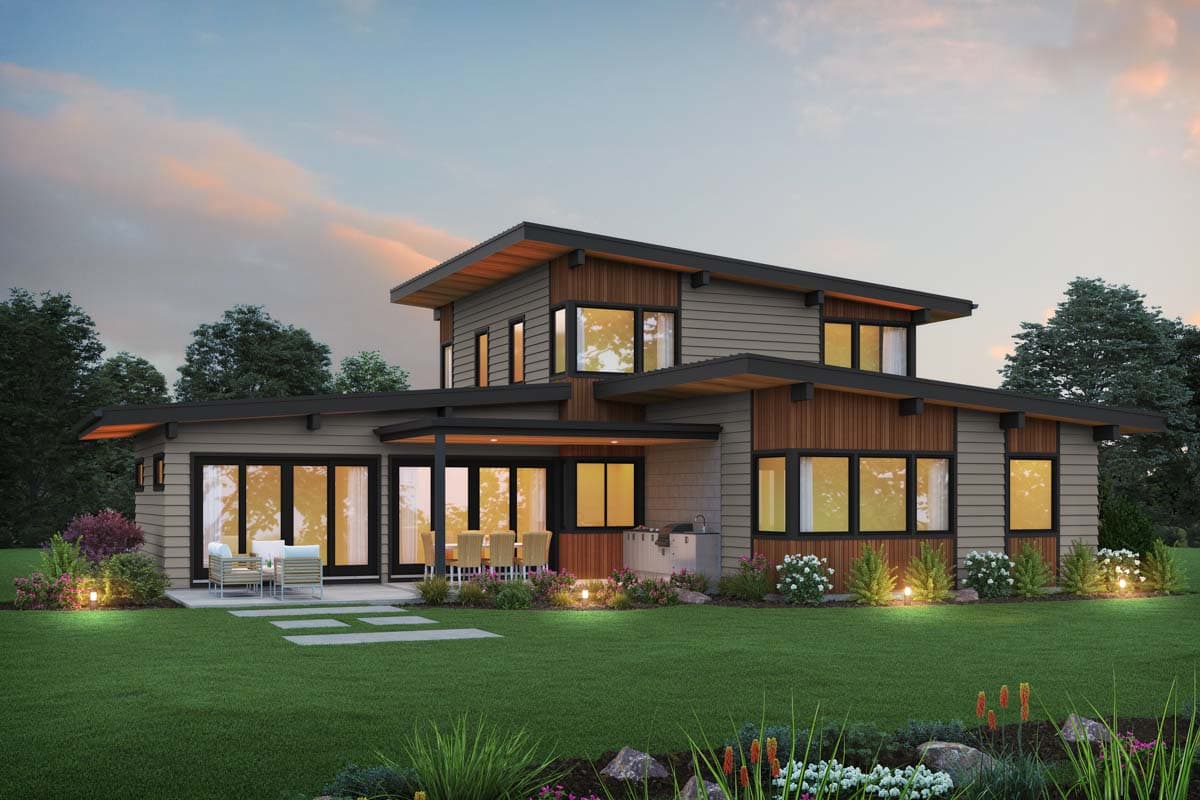 Modern house plan exterior with two stories, wide eaves, prominent window bands, and a covered outdoor living area with grilling station.