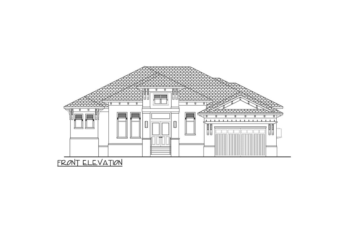 Front elevation drawing of a single-story house plan featuring a prominent hip roof, gabled dormer, and attached garage.