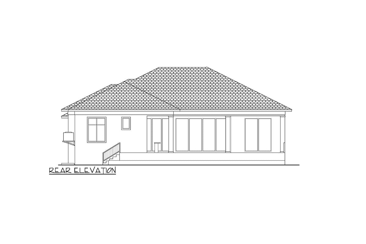 Rear elevation of a single-story house plan featuring a prominent hip roof, multiple large windows, and a covered patio area with columns.