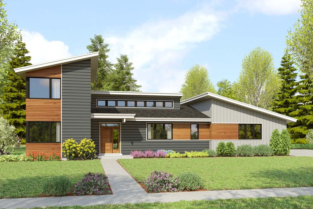 House plan exterior with modern style, featuring a low-slope roof, wood siding accents, and a covered entry. Two-story structure visible.