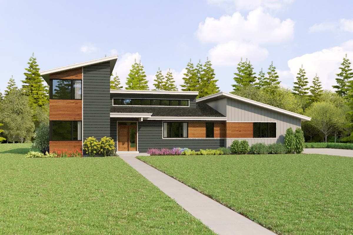House plan exterior with modern style, asymmetrical rooflines, wood and dark gray siding, and a central entryway.