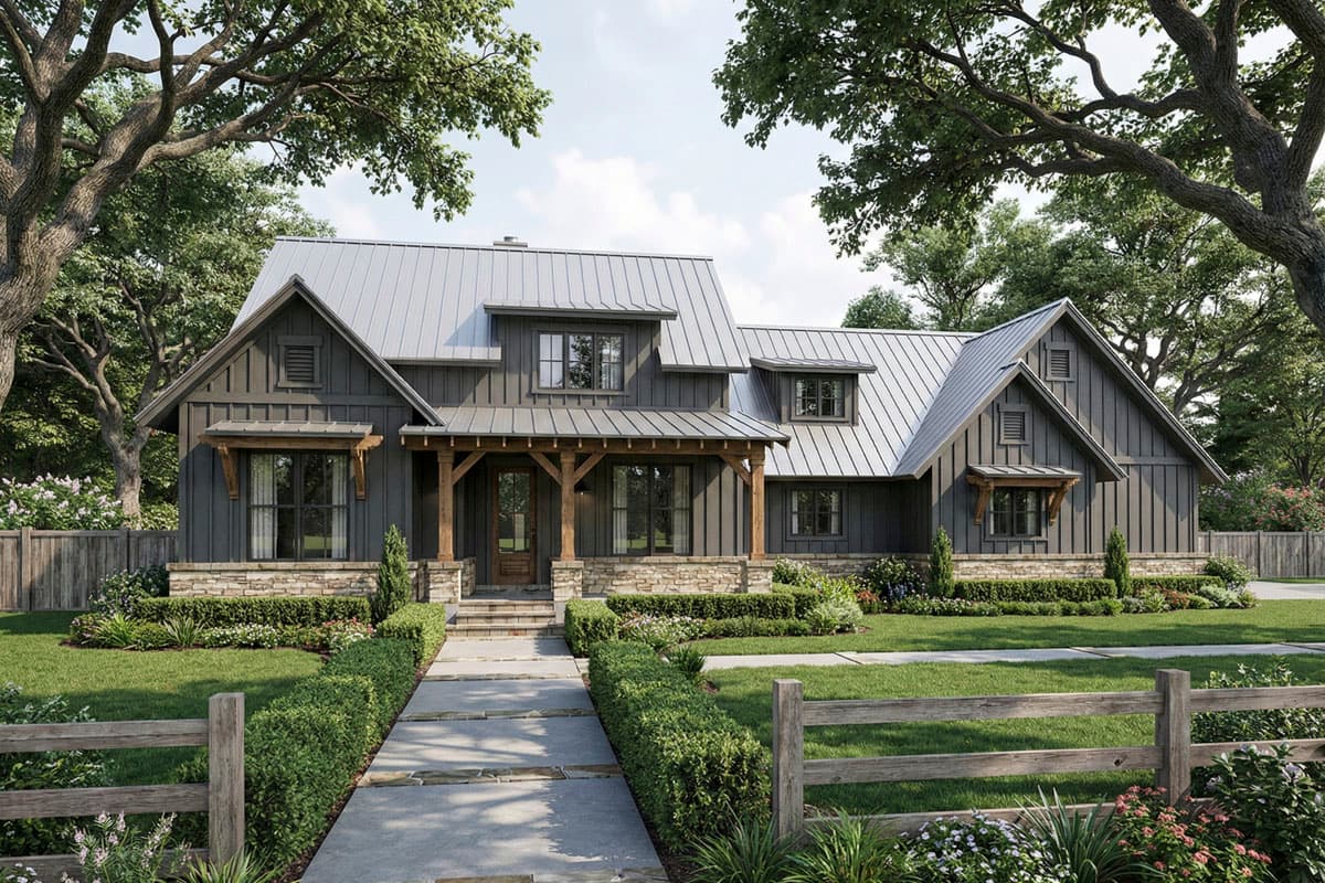 House plan exterior. Modern Farmhouse style, two-story home with a porch, gables, dormers, and a metal roof.