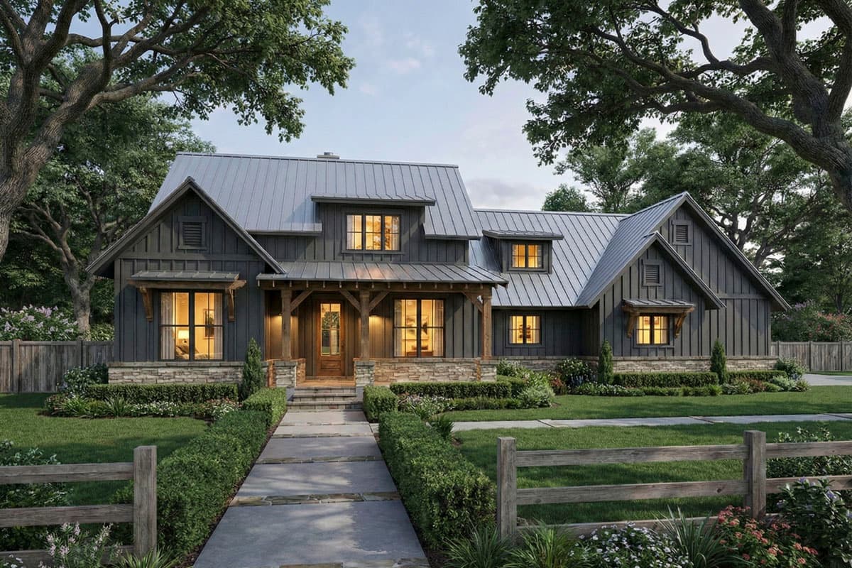 Modern farmhouse house plan exterior with metal roof, board and batten siding, stone accents, and covered front porch with timber posts.