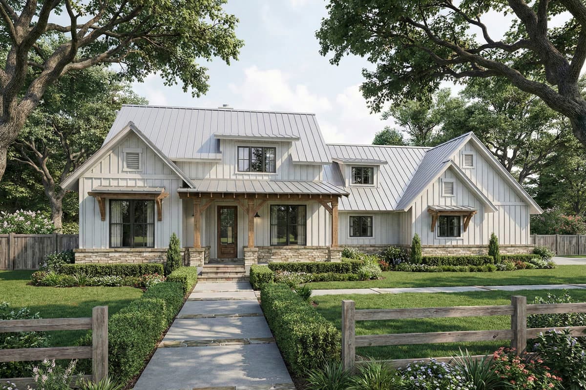 Modern Farmhouse house plan exterior with white board and batten siding, metal roof, stone base, gables, and covered front porch with wood beams.