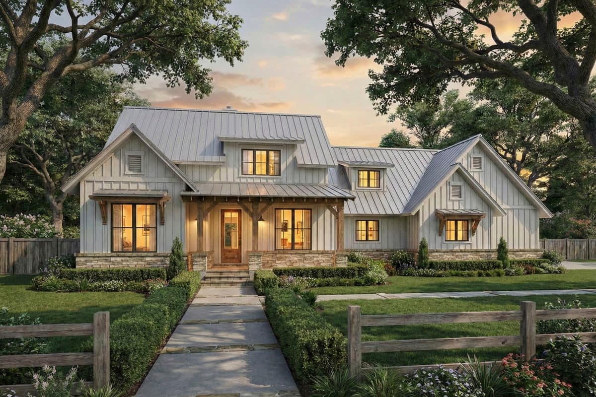 Modern Farmhouse house plan exterior with metal roof, board and batten siding, stone accents, and covered front porch.