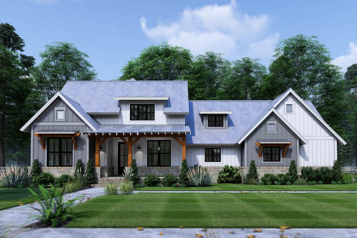 Modern Farmhouse house plan exterior with metal roof, gables, dormers, covered porch with wood beams, and stone base.