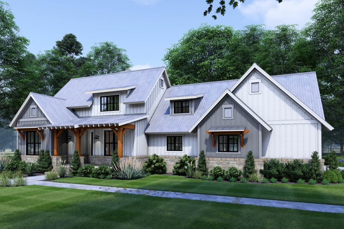 Modern Farmhouse house plan exterior, two stories, metal roof, large front porch with wooden beams, and stone foundation.