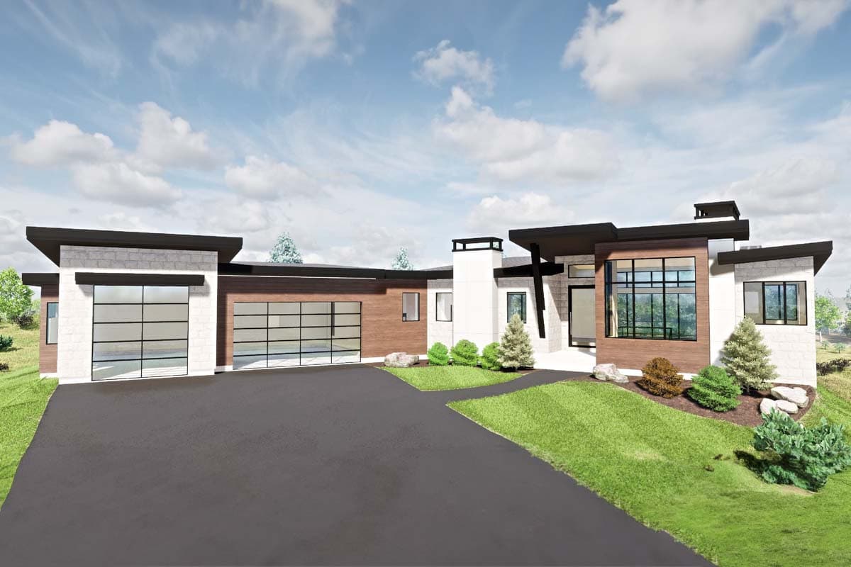 House plan exterior. Modern style with flat rooflines, a two-car garage, and large windows. Exterior features stone and wood accents.