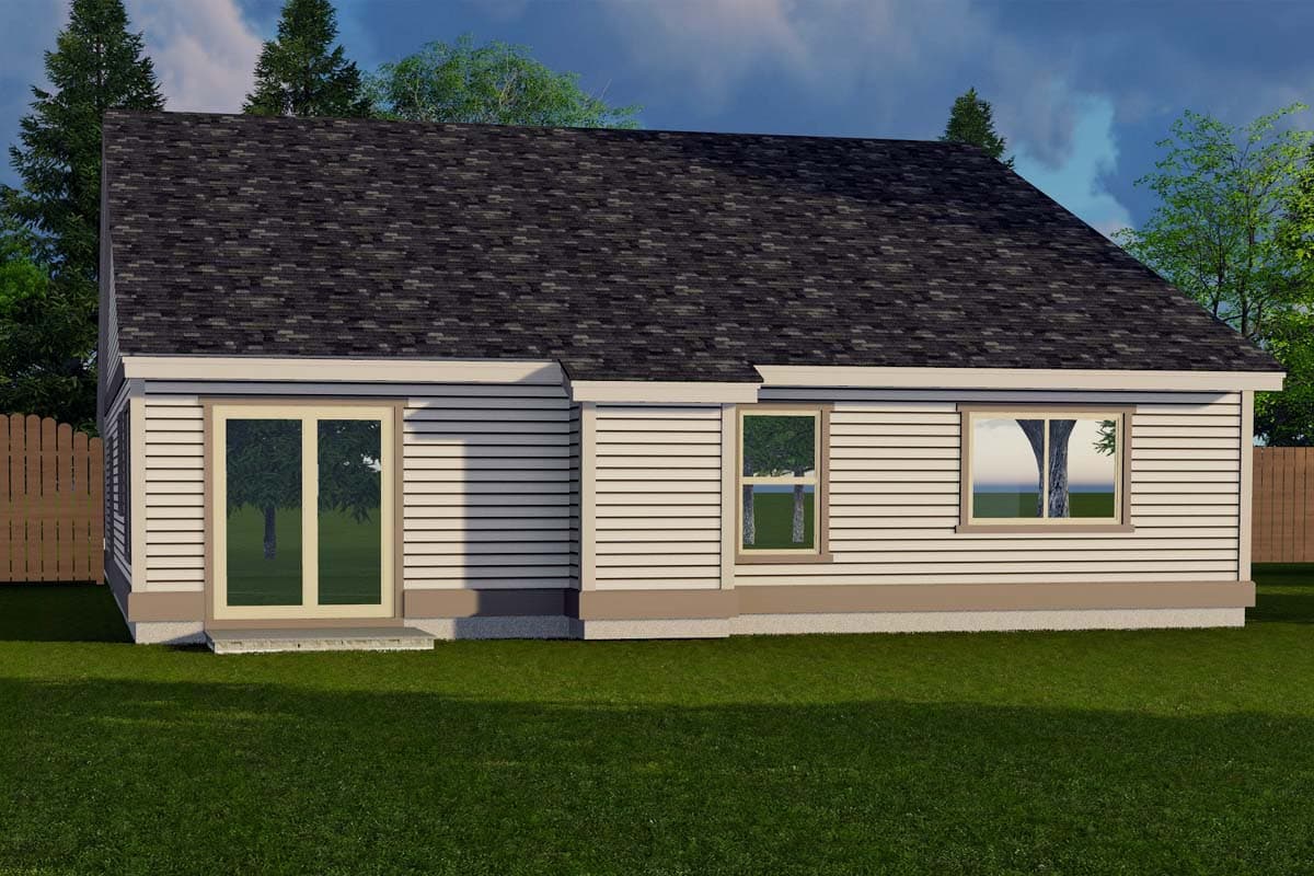 House plan exterior: Single-story home with vinyl siding, double door, and two windows. Gable roof.