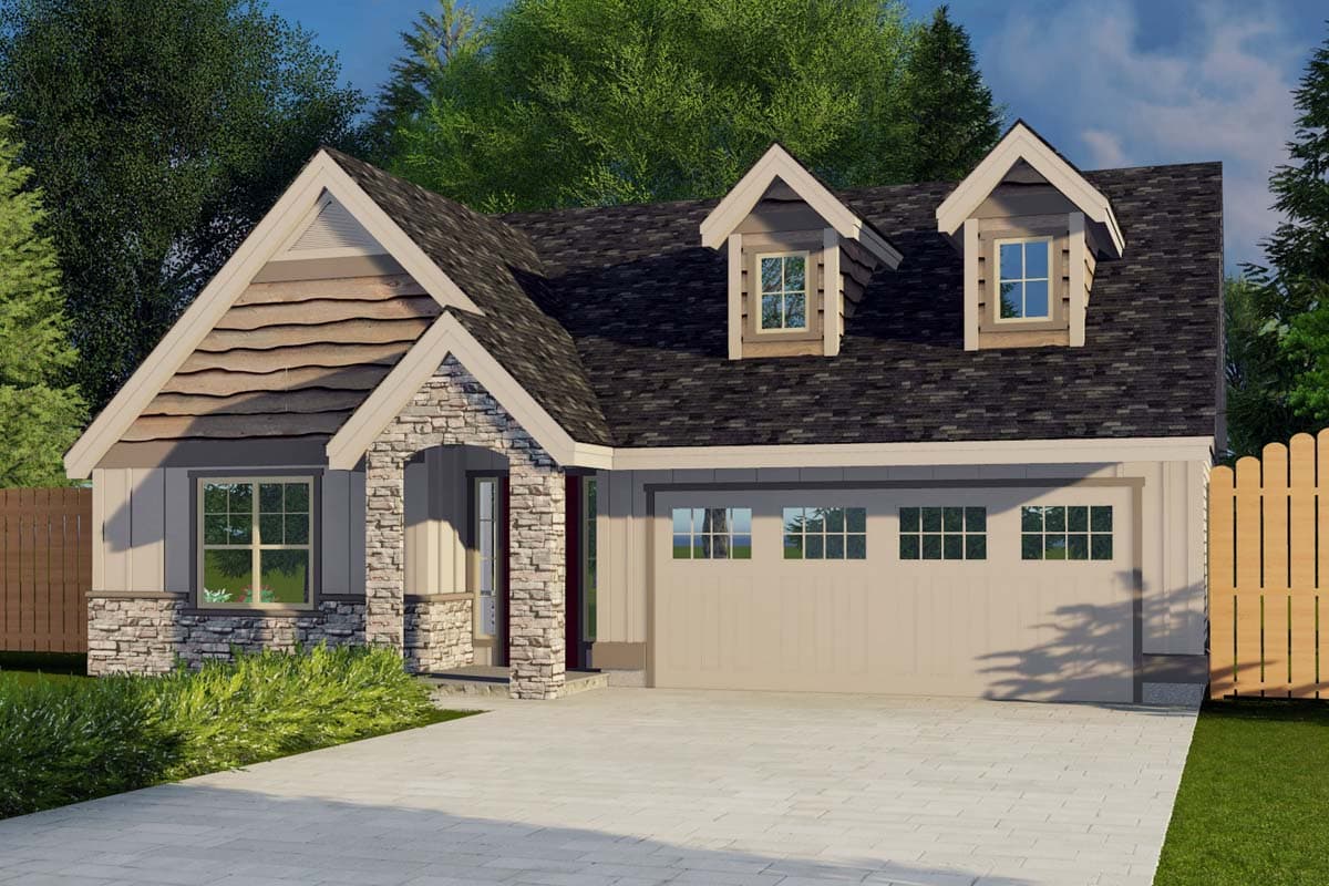 House plan exterior featuring a Craftsman style. The one-story home has a stone entry, gabled roofline, and dormers above the garage.