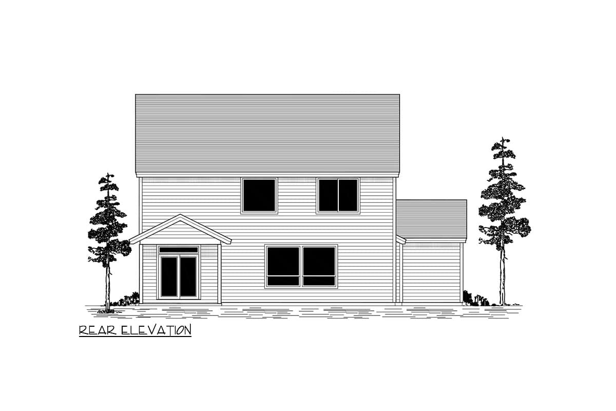 Rear elevation drawing of a two-story house with siding, covered entry, and attached garage.