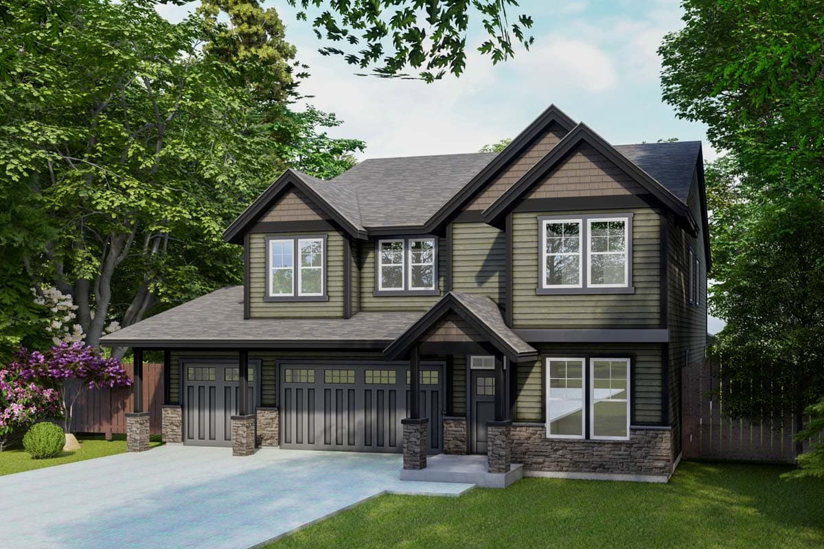 House plan exterior. Two-story Craftsman style home with gabled roof, dormers, and an attached garage. Features a covered entry porch.