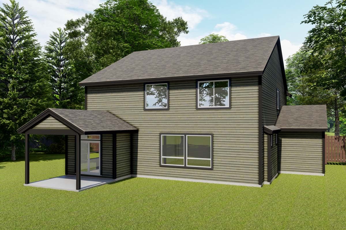 House plan exterior: Two-story home with horizontal siding, asphalt shingle roof, covered patio, and attached garage.