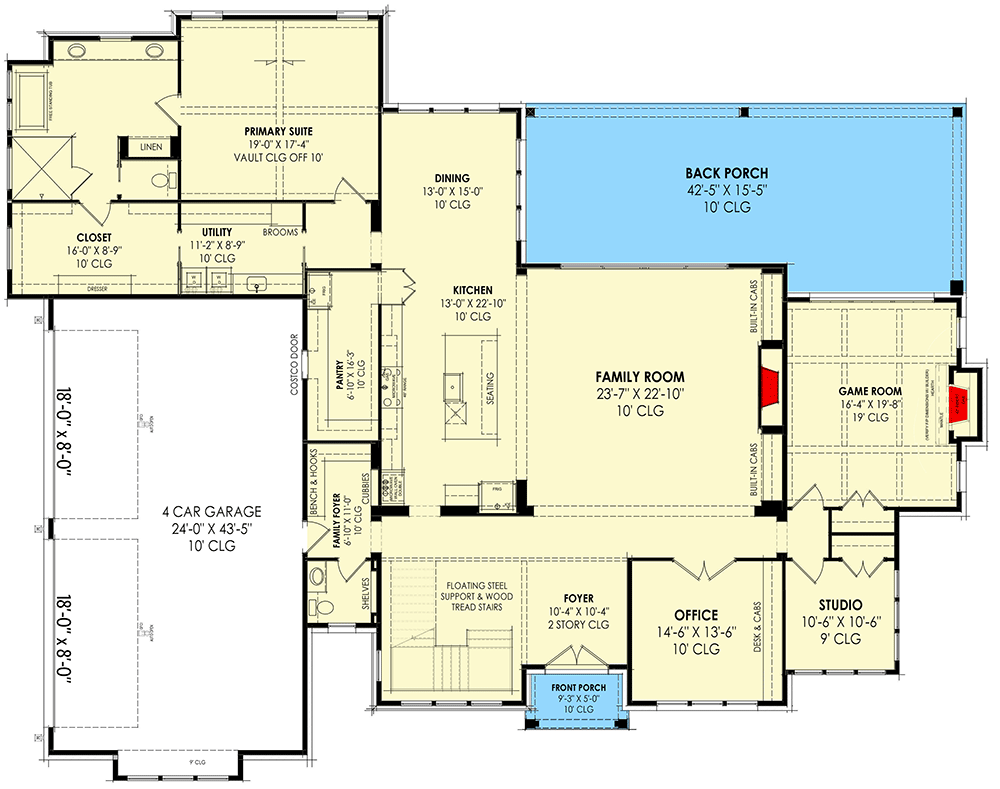 Plan 818109JSS: Transitional House Plan with 4 Beds and a 4-Car Garage - 5,010 Sq Ft - Floor Plan - Main Level - European, Transitional, Tudor