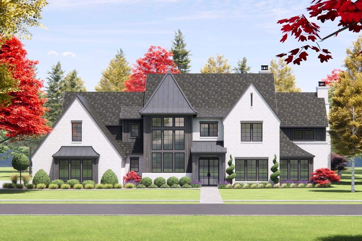 House plan exterior. Two-story Modern house with gabled roof, dormers, and a metal-clad entry. Features a brick facade and dark-framed windows.