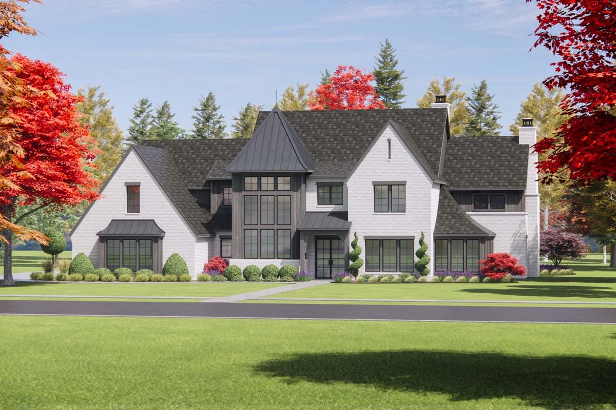 House plan exterior: Modern Tudor style, two stories, white brick, prominent gables, dormers, and a central turret.