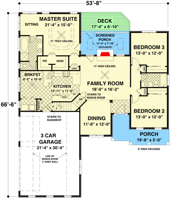 Plan 20134GA: 3 Bed Ranch Home Plan with Bonus and Lower Level Expansion - 1700 Sq Ft - Floor Plan - Main Level - Country, Craftsman, Ranch