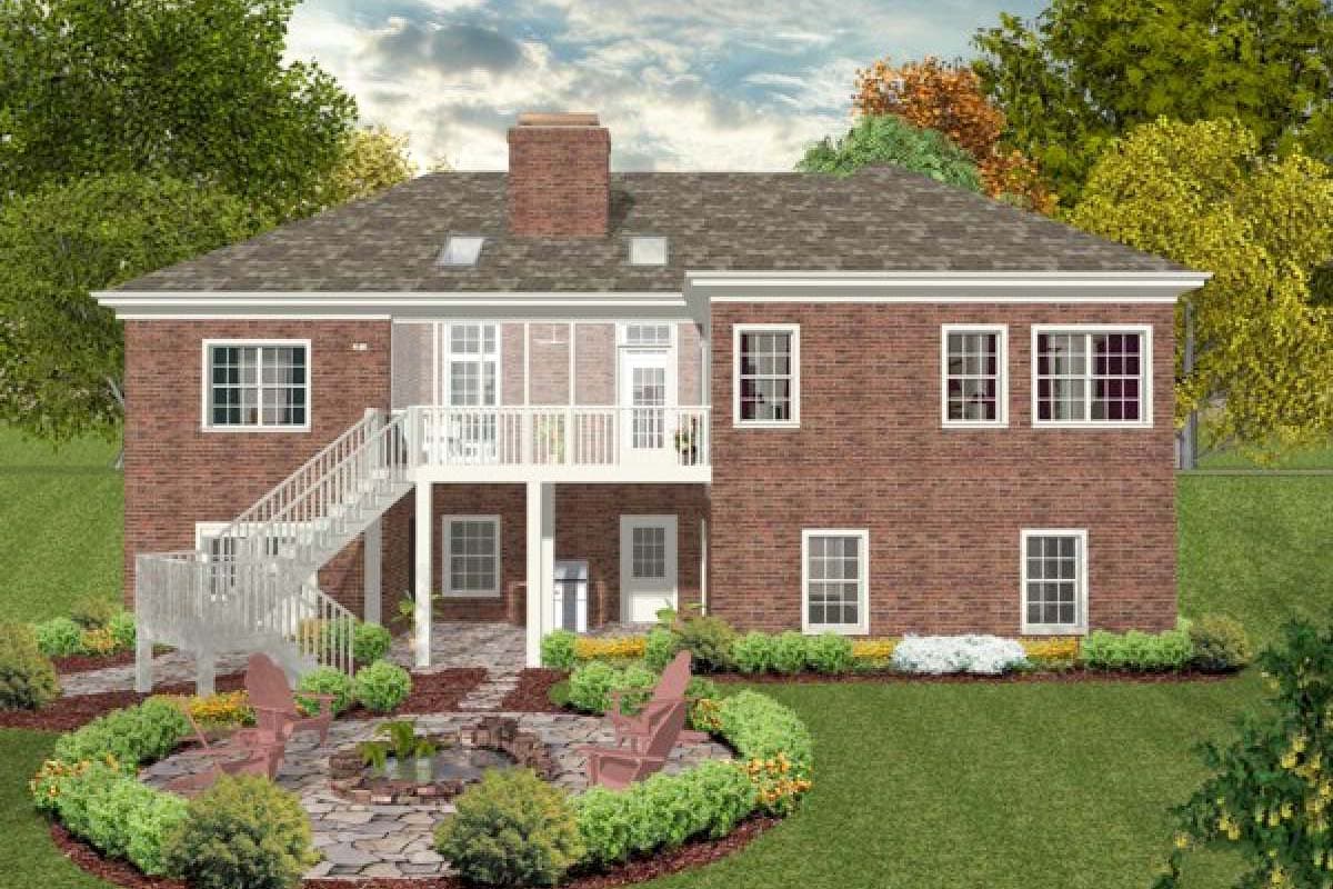 Brick house plan exterior, two stories, brick facade, white deck with stairs, and a chimney.