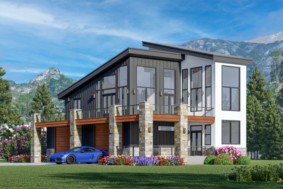 Modern house plan exterior with two stories, flat roof, stone-clad columns, and large windows. Includes attached garage and balcony.