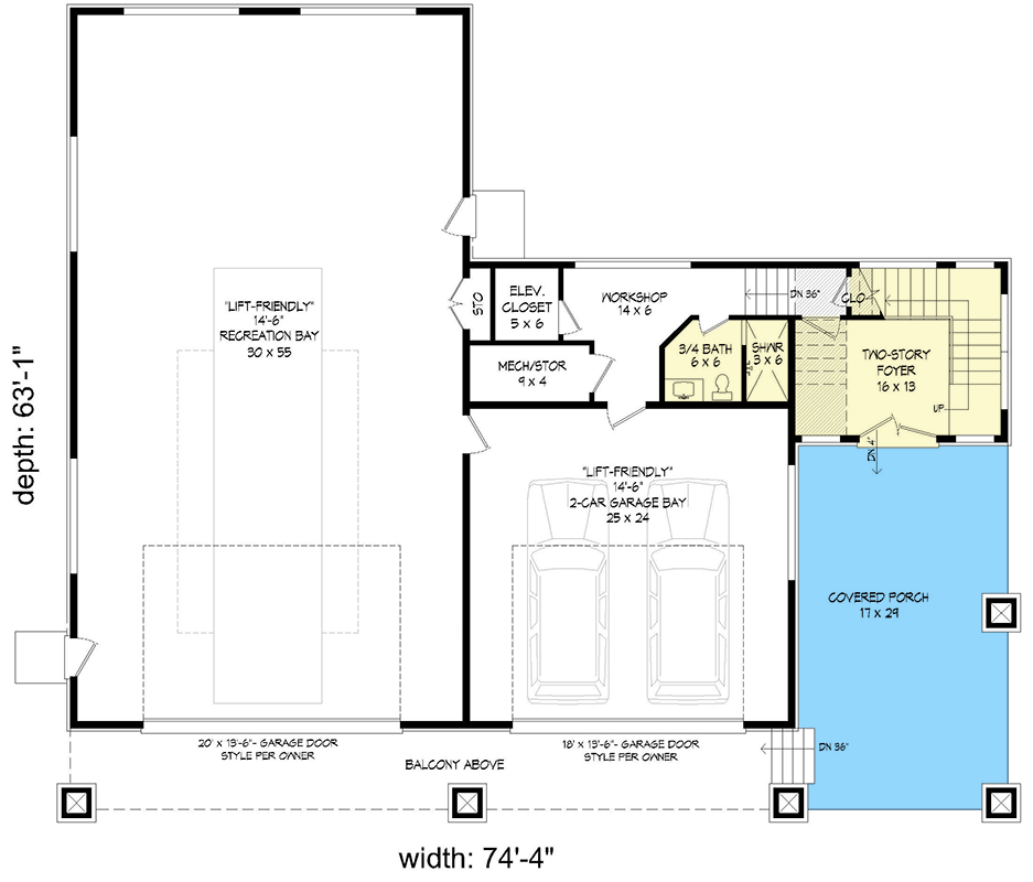 Plan 680238VR: Modern House Plan with RV Garage and Elevator and Wraparound Deck - 2087 Sq Ft - Floor Plan - Main Level - Contemporary, Mid Century Modern, Modern, Mountain