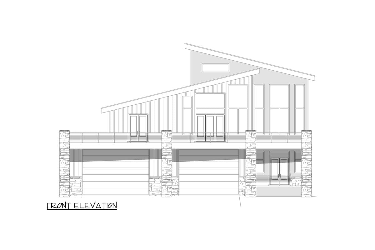 Front elevation drawing of a multi-level house plan with a sloped roof, large windows, and a stone-accented lower level with garages.