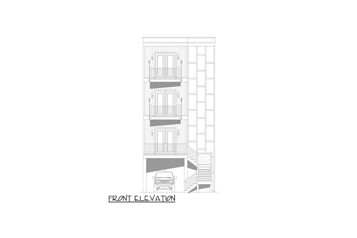 Front elevation drawing of a three-story house plan featuring three balconies, a covered parking area, and an exterior staircase.